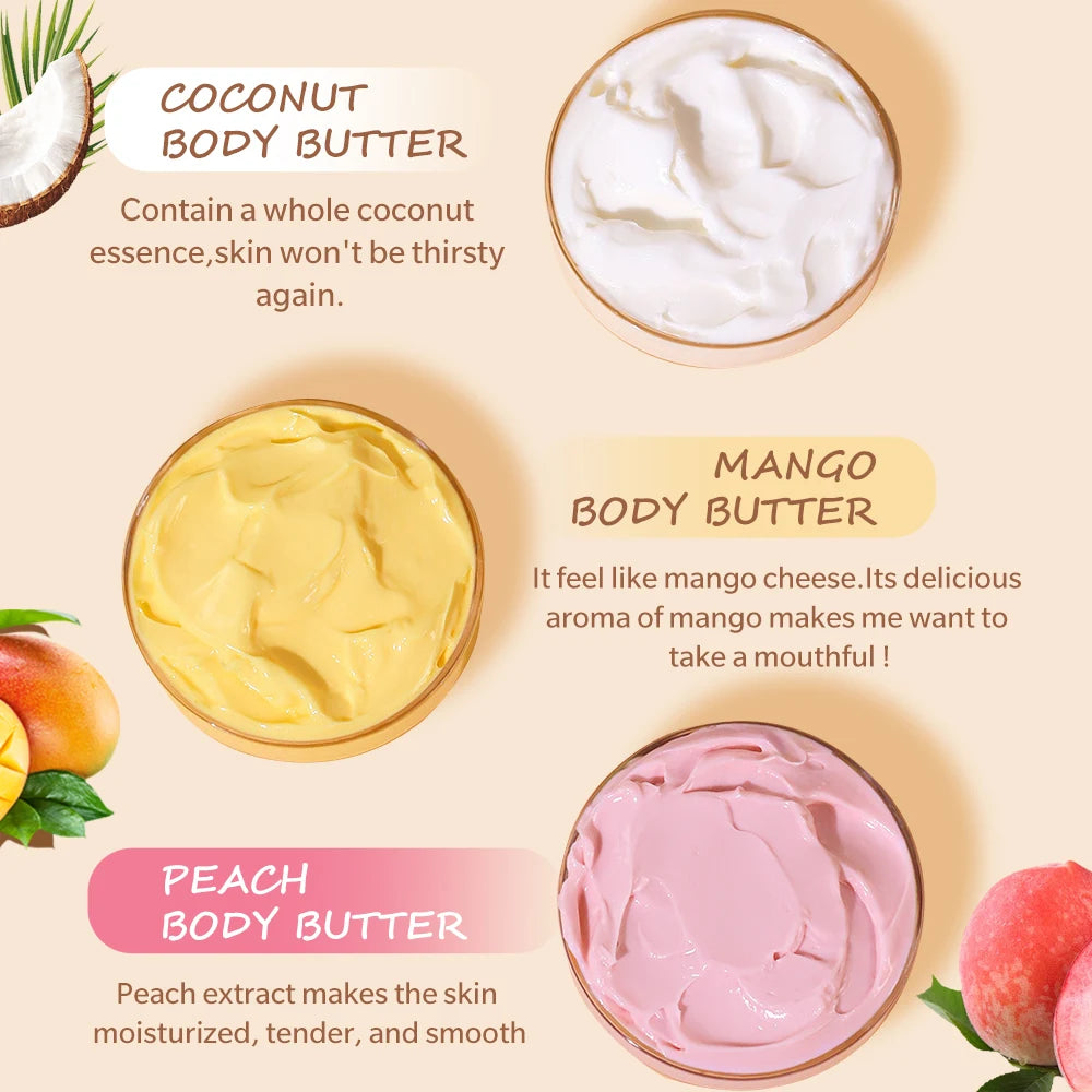 Mango/Peach/Coconut Body Butter Soothes Dry Skin Nourishing Moisturizer Smoothes Rough Skin Deep Hydration Body Cream
