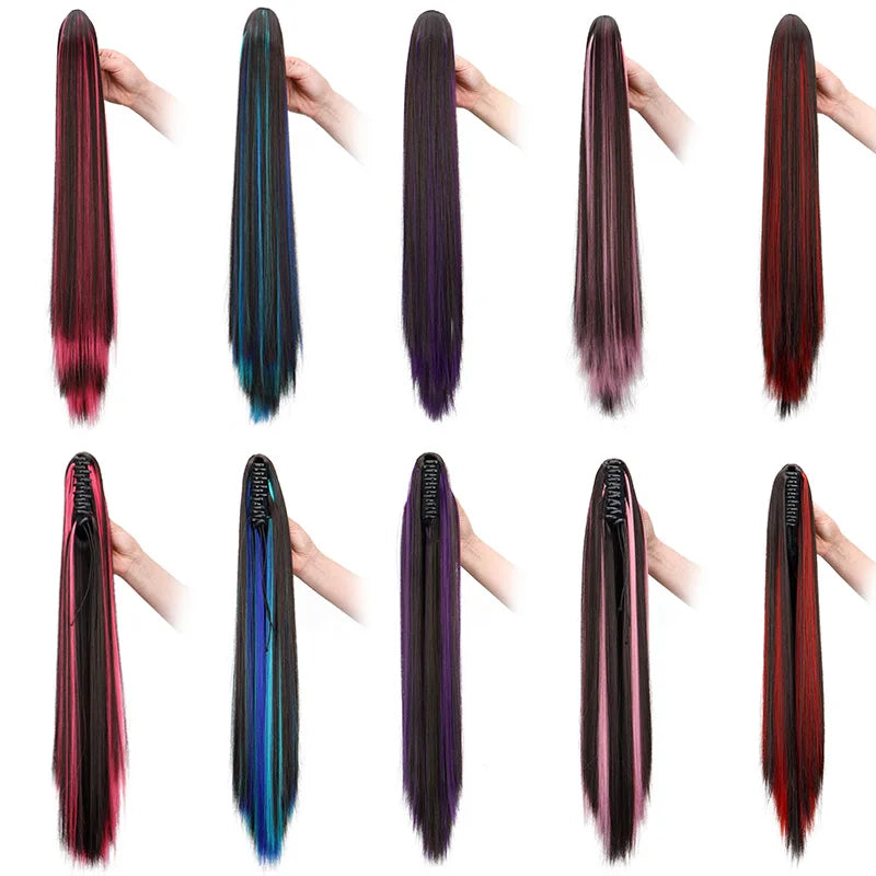 Synthetic 24Inch Claw Ponytail Hair Extension High Heat Resistant Mix Highlights Color Long Straight Clip-in Hairpiece for Women