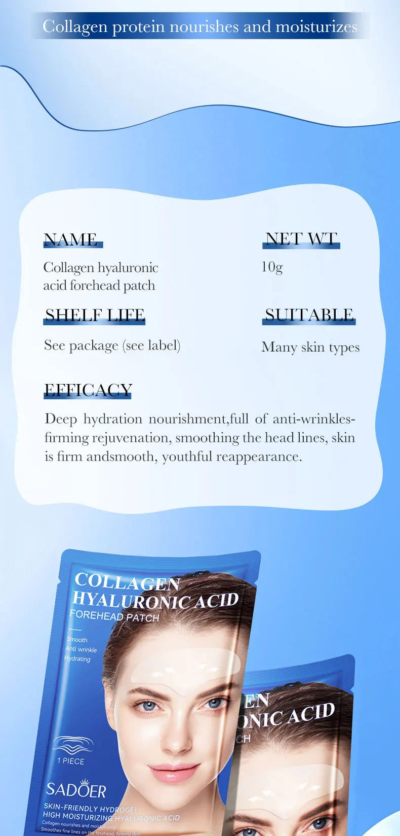 RUVIAA BEAUTY 10pcs Hyaluronic Acid Collagen Face Masks – Forehead, Eyes & Cheek Patches for Hydrating & Firming