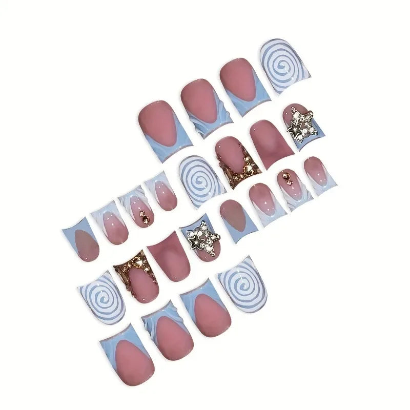 RUVIAA BEAUTY 24pcs Blue French Duckbill False Nails – Gradient Y2K Press-On with Rhinestones