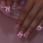 RUVIAA BEAUTY 24Pcs Pink French Press-On Nails – 3D Bowknot Short Square False Nails