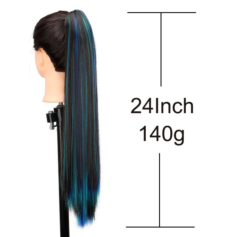 Synthetic 24Inch Claw Ponytail Hair Extension High Heat Resistant Mix Highlights Color Long Straight Clip-in Hairpiece for Women