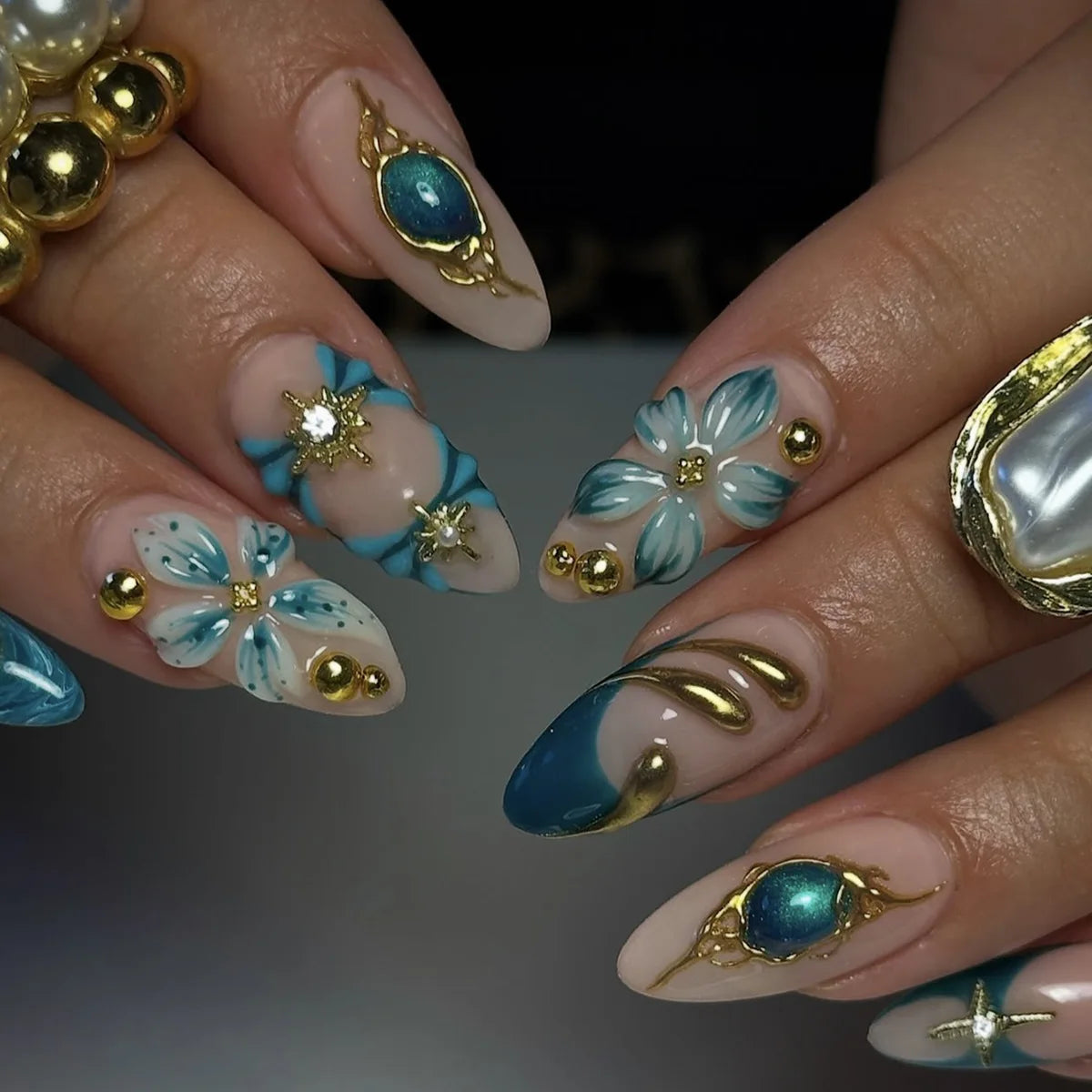 24PCS Pink Almond Press on Nails Full Cover Carved Flower 3D Ripples French Fake Nails for Women with Golden Pearl Wearable Nail