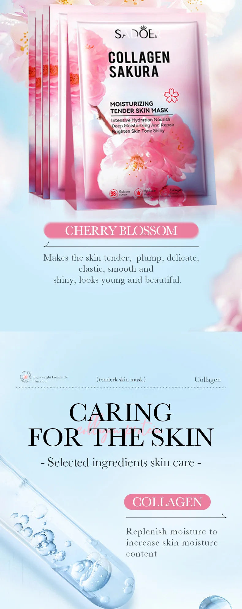 RUVIAA BEAUTY 5pcs Sakura Face Masks – Moisturizing, Brightening & Hydrating Collagen Sheet Mask