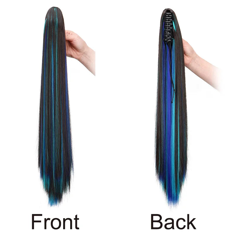 Synthetic 24Inch Claw Ponytail Hair Extension High Heat Resistant Mix Highlights Color Long Straight Clip-in Hairpiece for Women