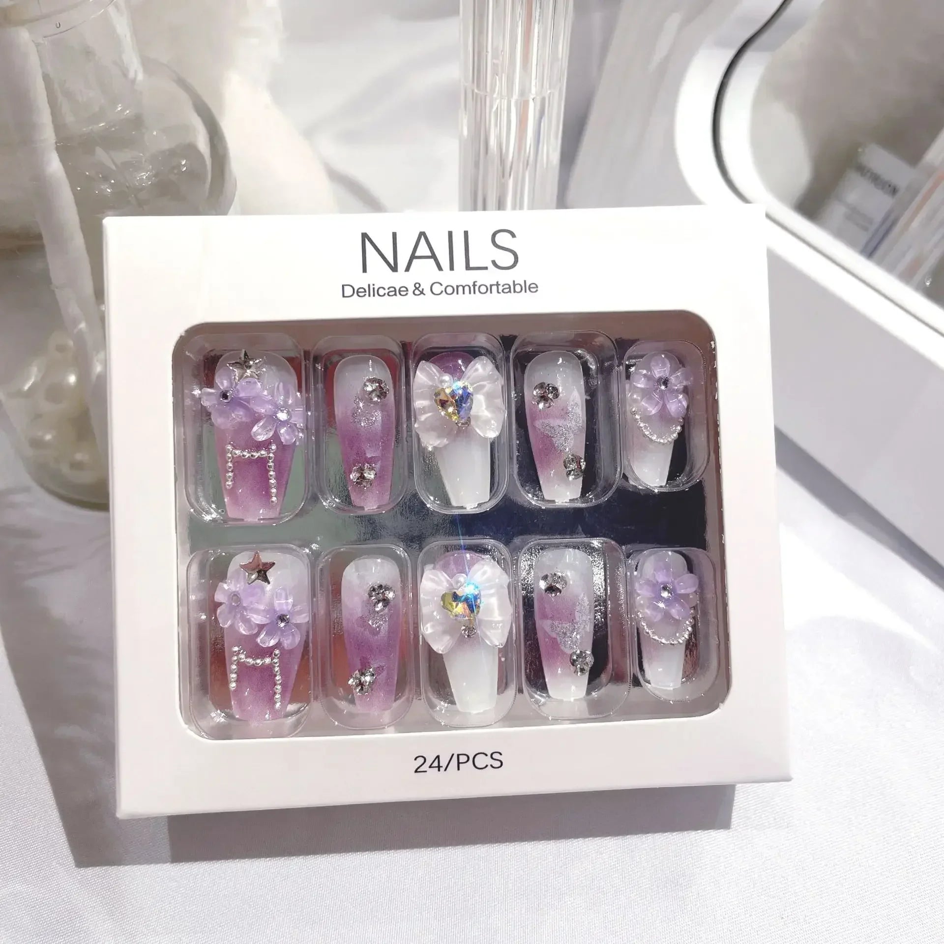 RUVIAA BEAUTY Blue Press On Nails Snowflake Rhinestone Long 24pcs