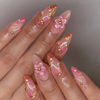 24PCS Pink Almond Press on Nails Full Cover Carved Flower 3D Ripples French Fake Nails for Women with Golden Pearl Wearable Nail