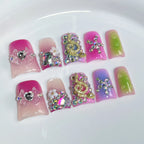 RUVIAA BEAUTY 10pcs Pink Duckbill Press-On Nails – Handmade White French with Rhinestones