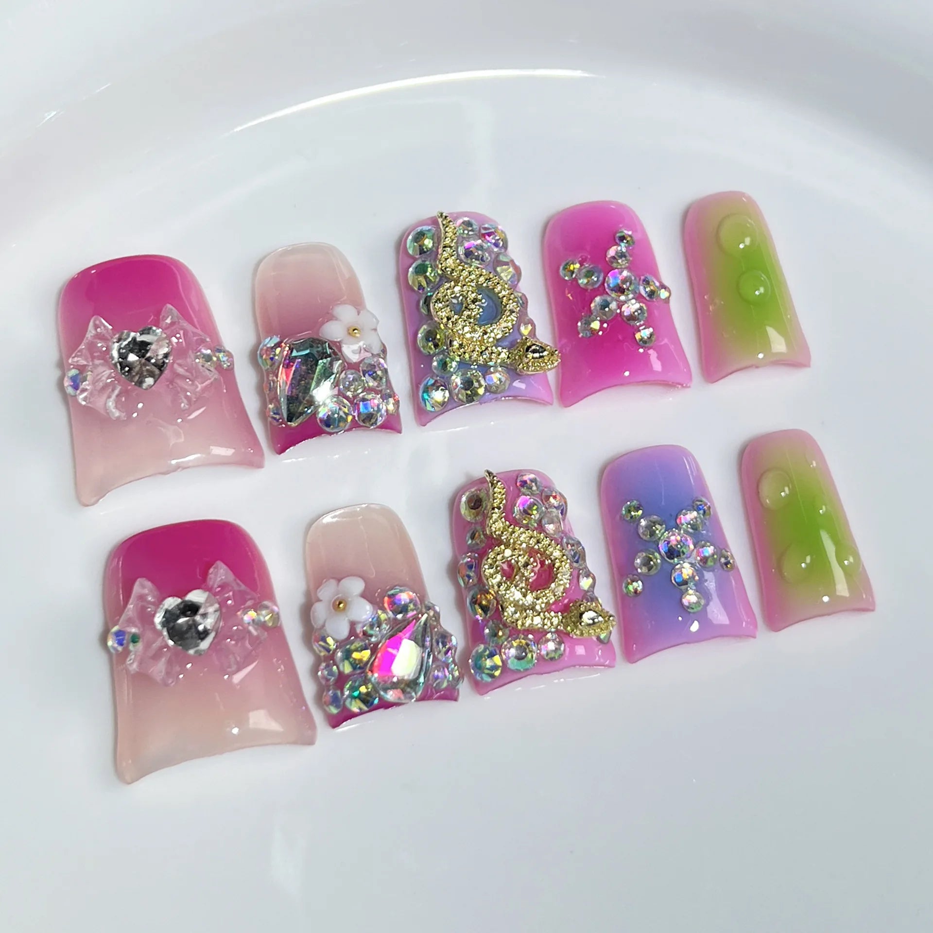 RUVIAA BEAUTY 10pcs Pink Duckbill Press-On Nails – Handmade White French with Rhinestones