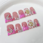 RUVIAA BEAUTY 10pcs Pink Duckbill Press-On Nails – Handmade White French with Rhinestones