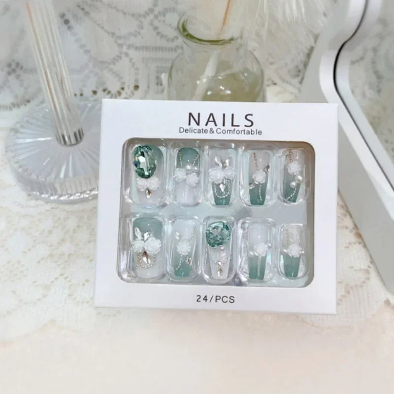 RUVIAA BEAUTY Blue Press On Nails Snowflake Rhinestone Long 24pcs