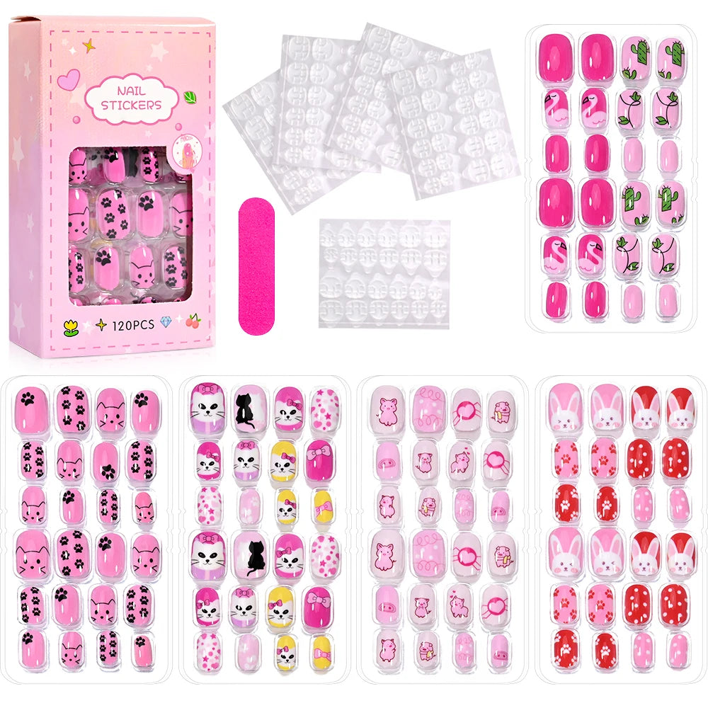 RUVIAA BEAUTY 120Pcs Kids Cartoon Press-On Nails – Kawaii Acrylic Full Cover Short False Nails with Jelly Glue