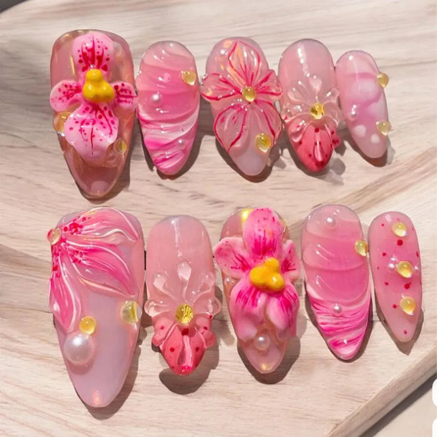24PCS Pink Almond Press on Nails Full Cover Carved Flower 3D Ripples French Fake Nails for Women with Golden Pearl Wearable Nail