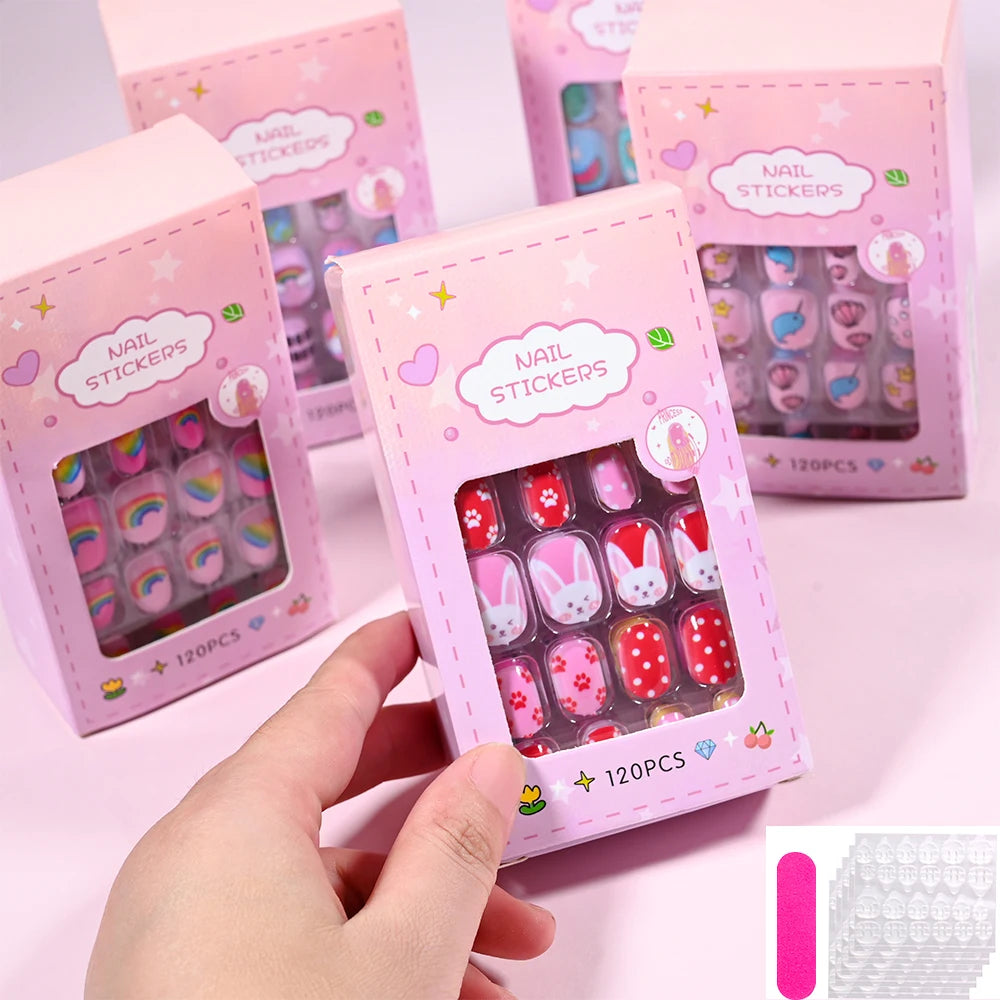 RUVIAA BEAUTY 120Pcs Kids Cartoon Press-On Nails – Kawaii Acrylic Full Cover Short False Nails with Jelly Glue