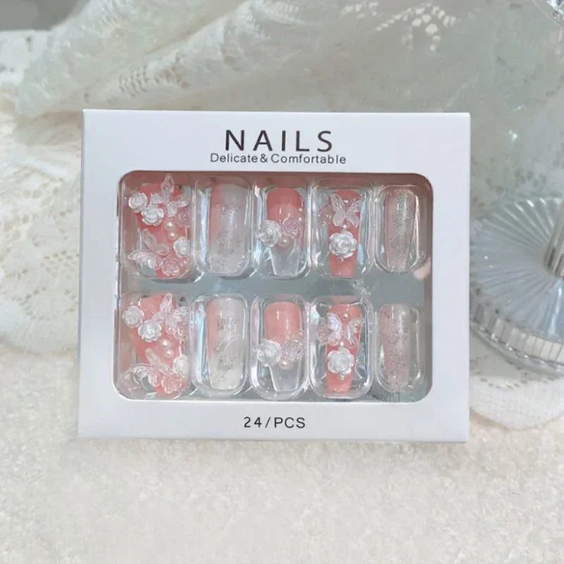 RUVIAA BEAUTY Blue Press On Nails Snowflake Rhinestone Long 24pcs