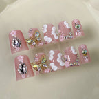 RUVIAA BEAUTY 10pcs Pink Duckbill Press-On Nails – Handmade White French with Rhinestones
