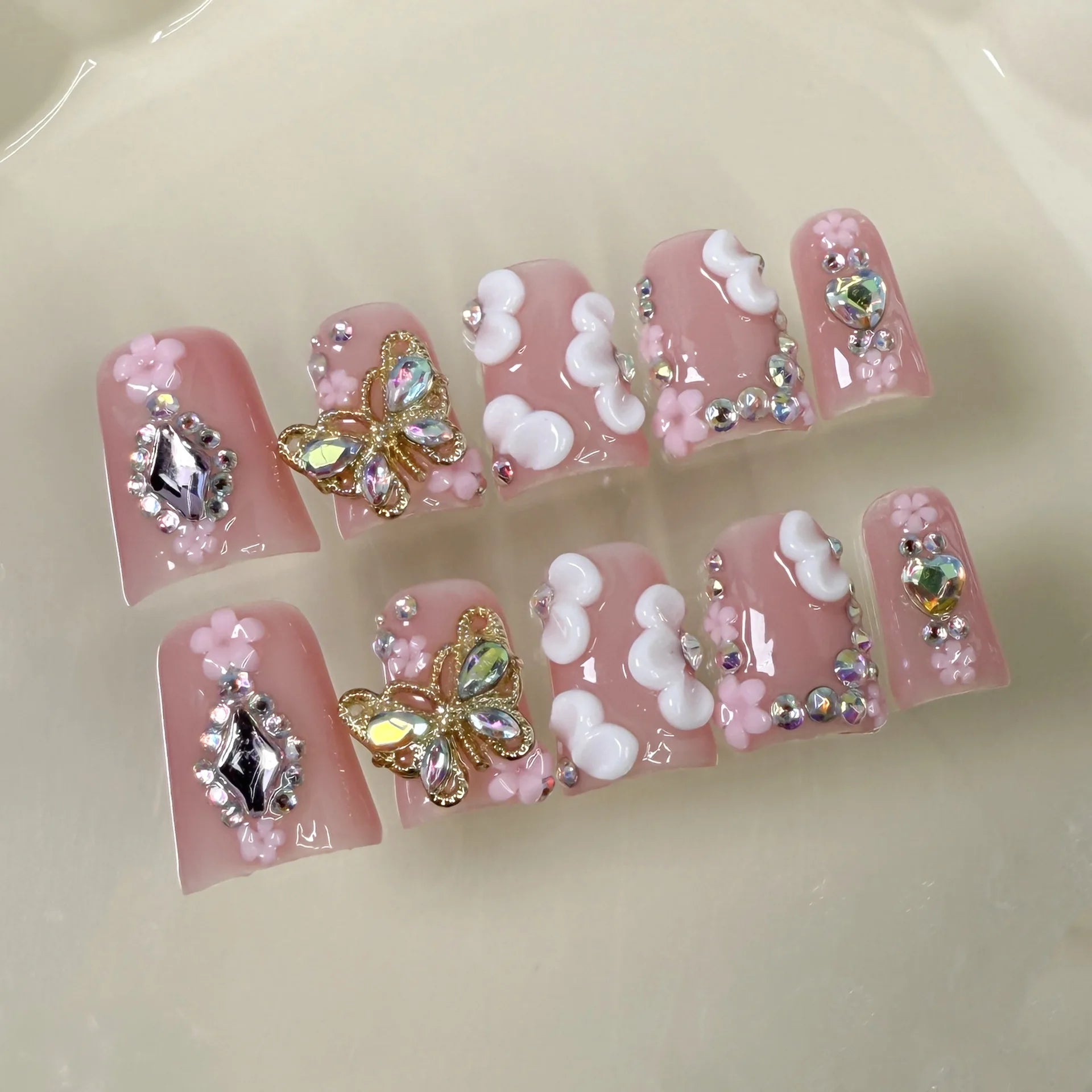 RUVIAA BEAUTY 10pcs Pink Duckbill Press-On Nails – Handmade White French with Rhinestones