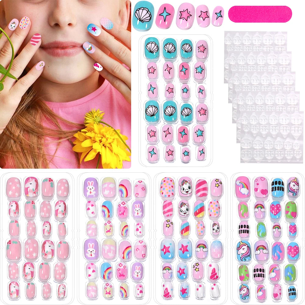 RUVIAA BEAUTY 120Pcs Kids Cartoon Press-On Nails – Kawaii Acrylic Full Cover Short False Nails with Jelly Glue
