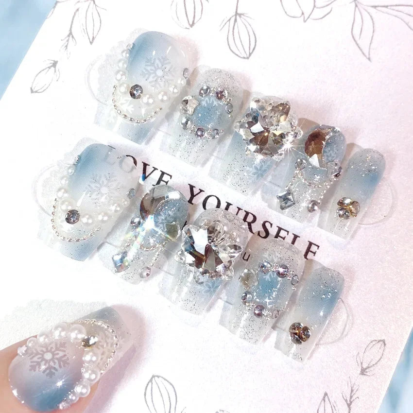 RUVIAA BEAUTY Blue Press On Nails Snowflake Rhinestone Long 24pcs