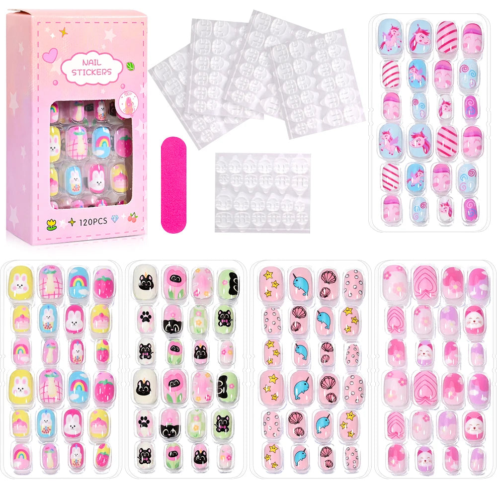RUVIAA BEAUTY 120Pcs Kids Cartoon Press-On Nails – Kawaii Acrylic Full Cover Short False Nails with Jelly Glue
