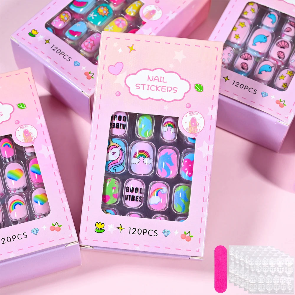 RUVIAA BEAUTY 120Pcs Kids Cartoon Press-On Nails – Kawaii Acrylic Full Cover Short False Nails with Jelly Glue