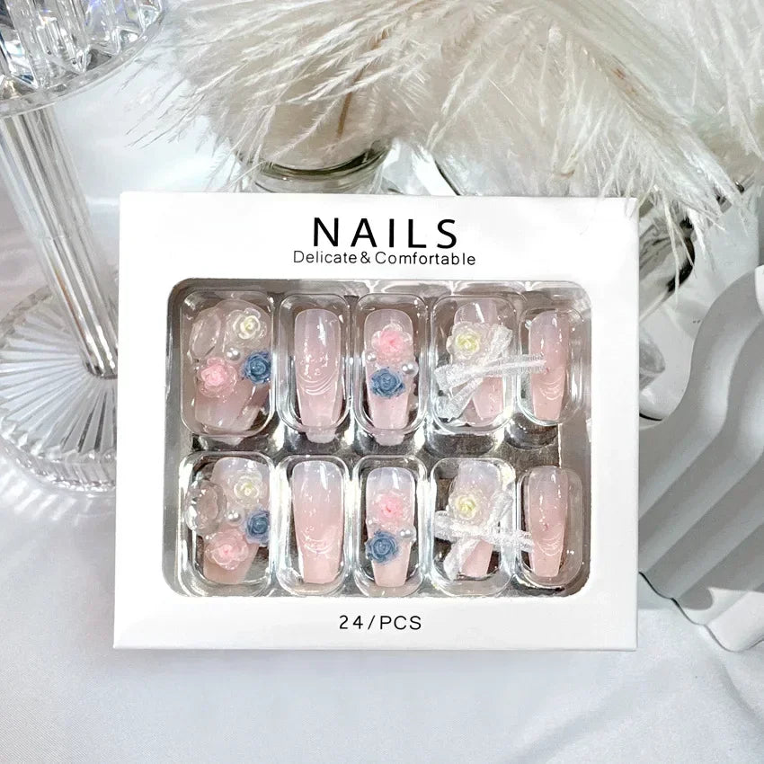 RUVIAA BEAUTY Blue Press On Nails Snowflake Rhinestone Long 24pcs