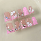 RUVIAA BEAUTY 10pcs Pink Duckbill Press-On Nails – Handmade White French with Rhinestones