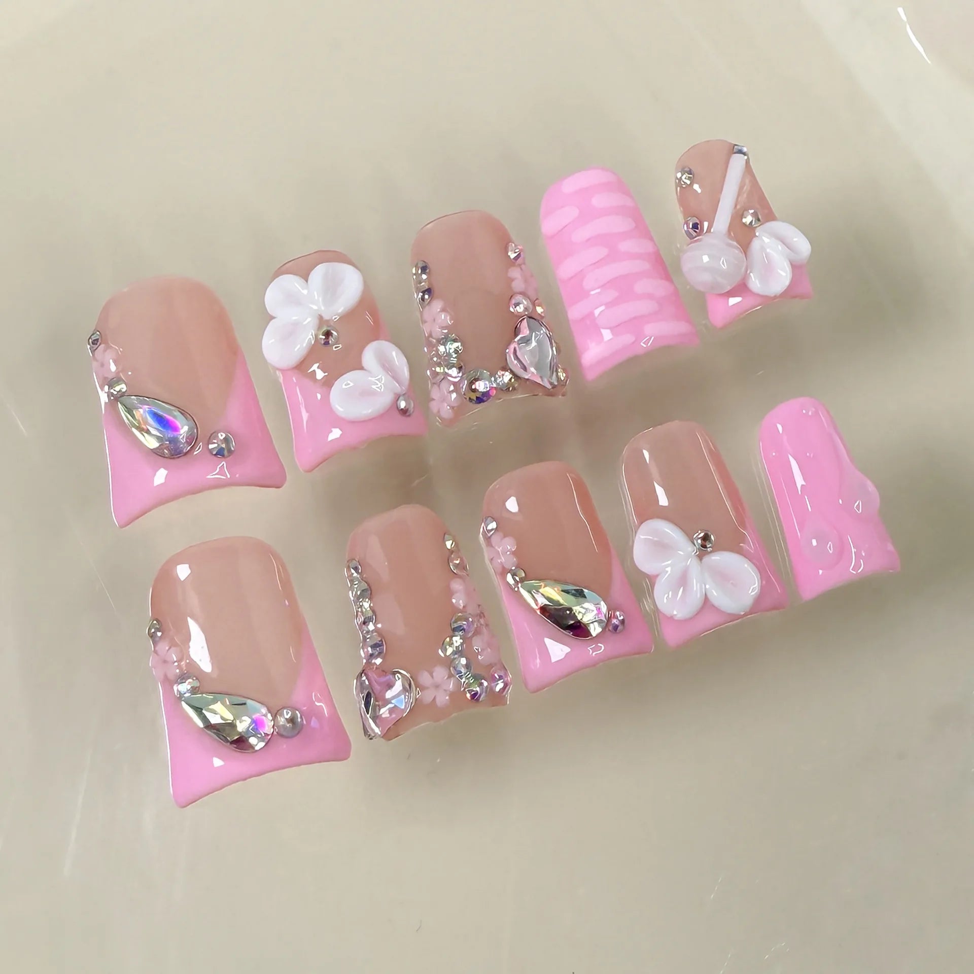 RUVIAA BEAUTY 10pcs Pink Duckbill Press-On Nails – Handmade White French with Rhinestones