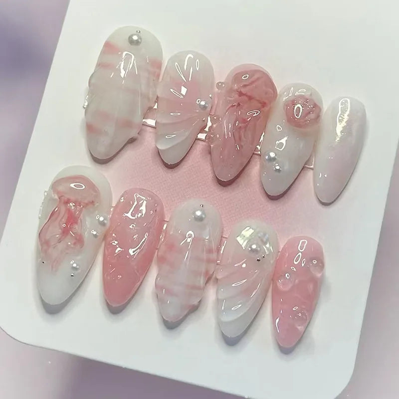 24PCS Pink Almond Press on Nails Full Cover Carved Flower 3D Ripples French Fake Nails for Women with Golden Pearl Wearable Nail
