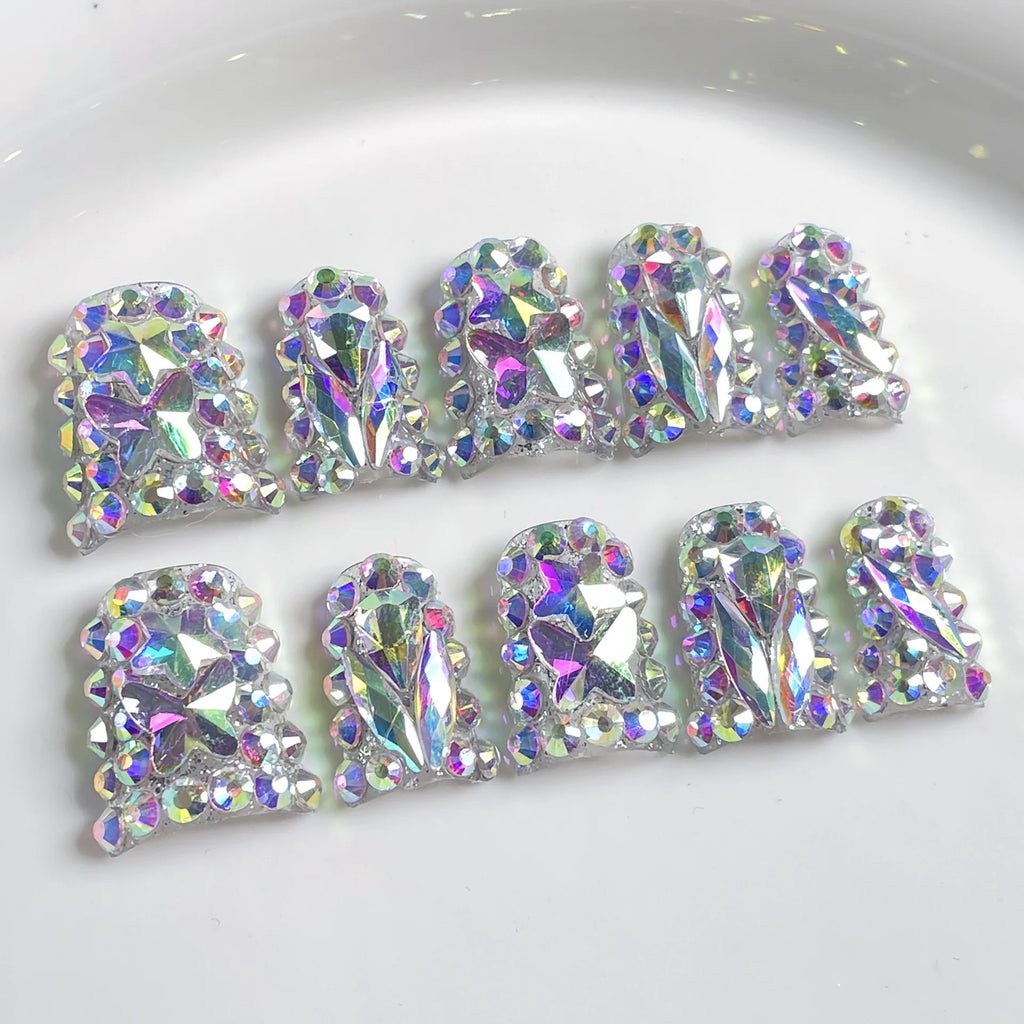 RUVIAA BEAUTY 10pcs Pink Duckbill Press-On Nails – Handmade White French with Rhinestones