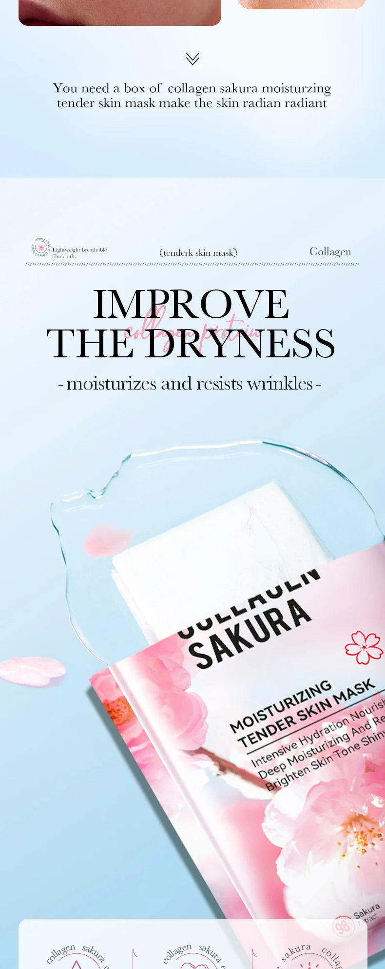 RUVIAA BEAUTY 5pcs Sakura Face Masks – Moisturizing, Brightening & Hydrating Collagen Sheet Mask