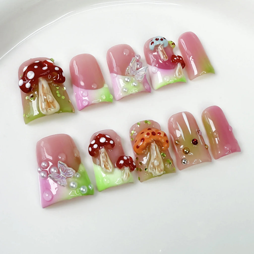 RUVIAA BEAUTY 10pcs Pink Duckbill Press-On Nails – Handmade White French with Rhinestones