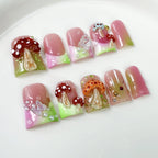 RUVIAA BEAUTY 10pcs Pink Duckbill Press-On Nails – Handmade White French with Rhinestones