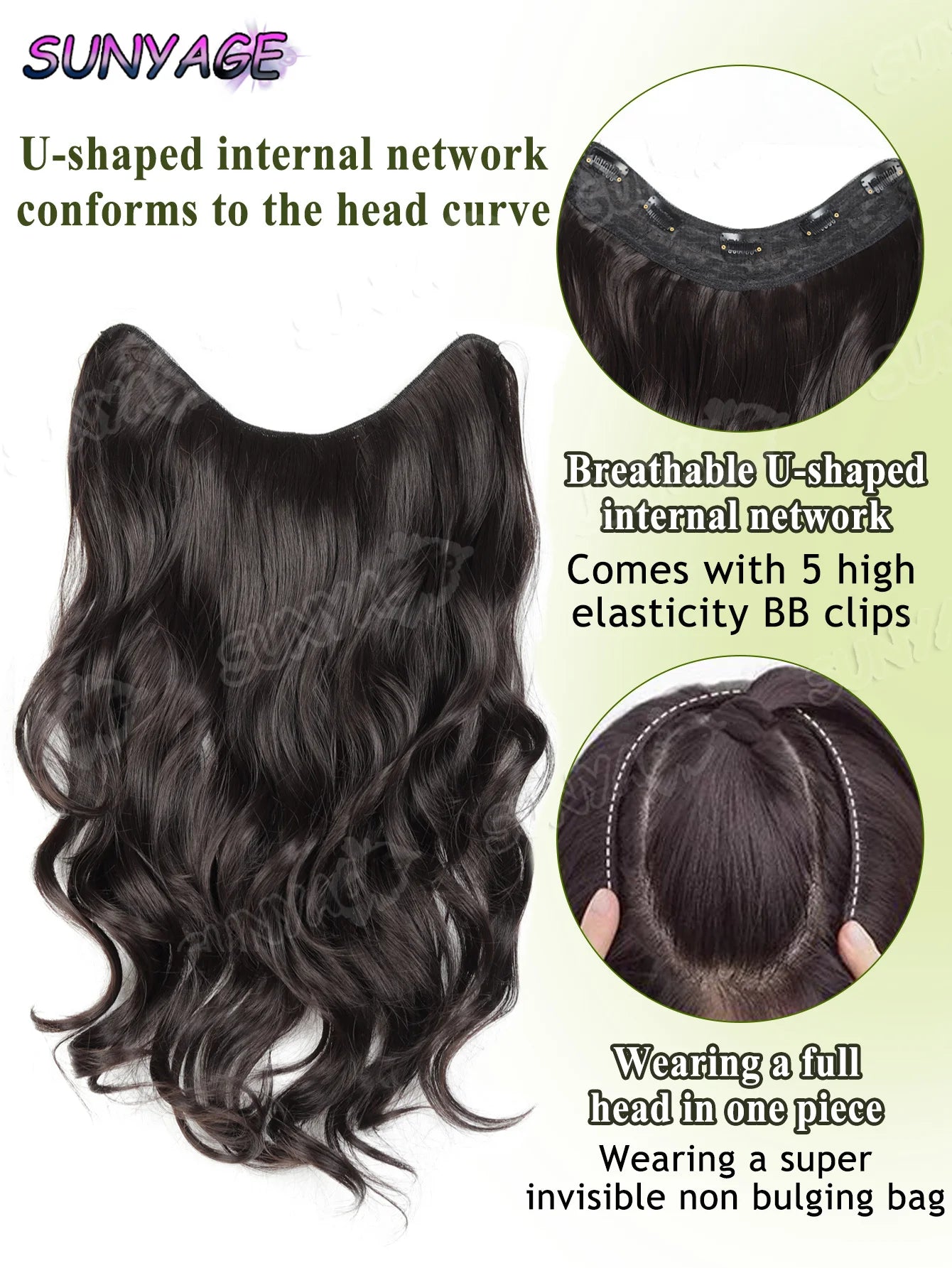 Synthetic Long Wavy Curly 20" Synthetic Hair Extensions 5 Clips Heat Resistant V-shaped Hair Piece Natural Hairstyle For Women