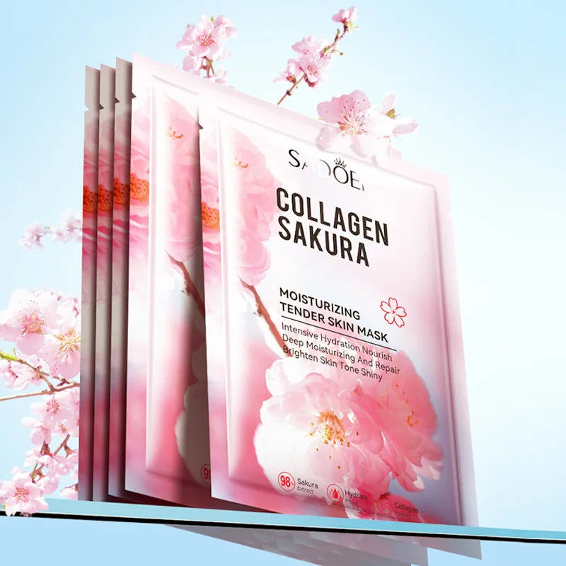 RUVIAA BEAUTY 5pcs Sakura Face Masks – Moisturizing, Brightening & Hydrating Collagen Sheet Mask