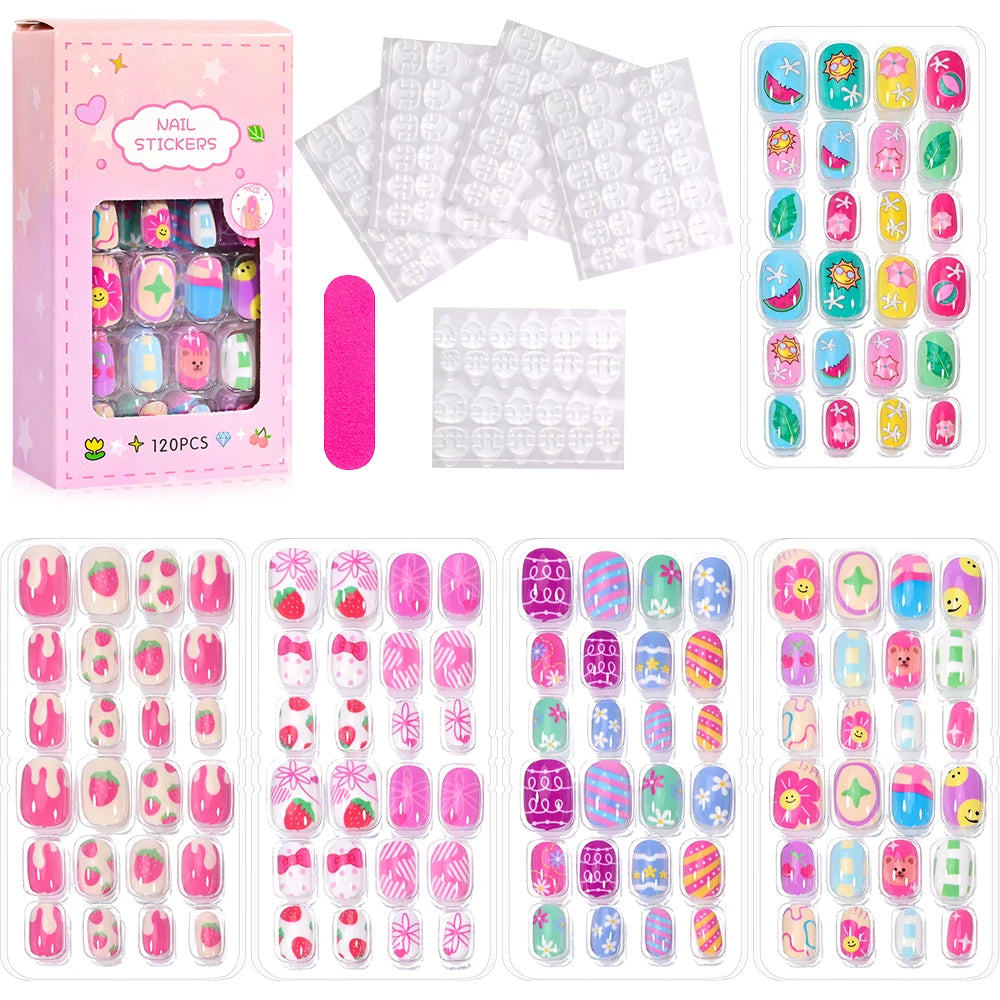 RUVIAA BEAUTY 120Pcs Kids Cartoon Press-On Nails – Kawaii Acrylic Full Cover Short False Nails with Jelly Glue
