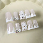 RUVIAA BEAUTY 10pcs Pink Duckbill Press-On Nails – Handmade White French with Rhinestones
