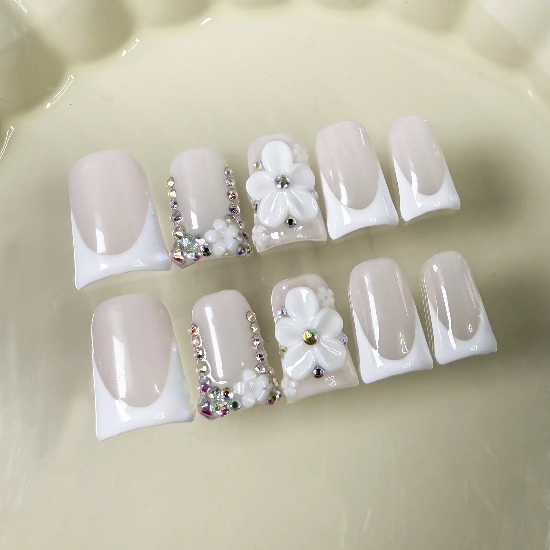 RUVIAA BEAUTY 10pcs Pink Duckbill Press-On Nails – Handmade White French with Rhinestones