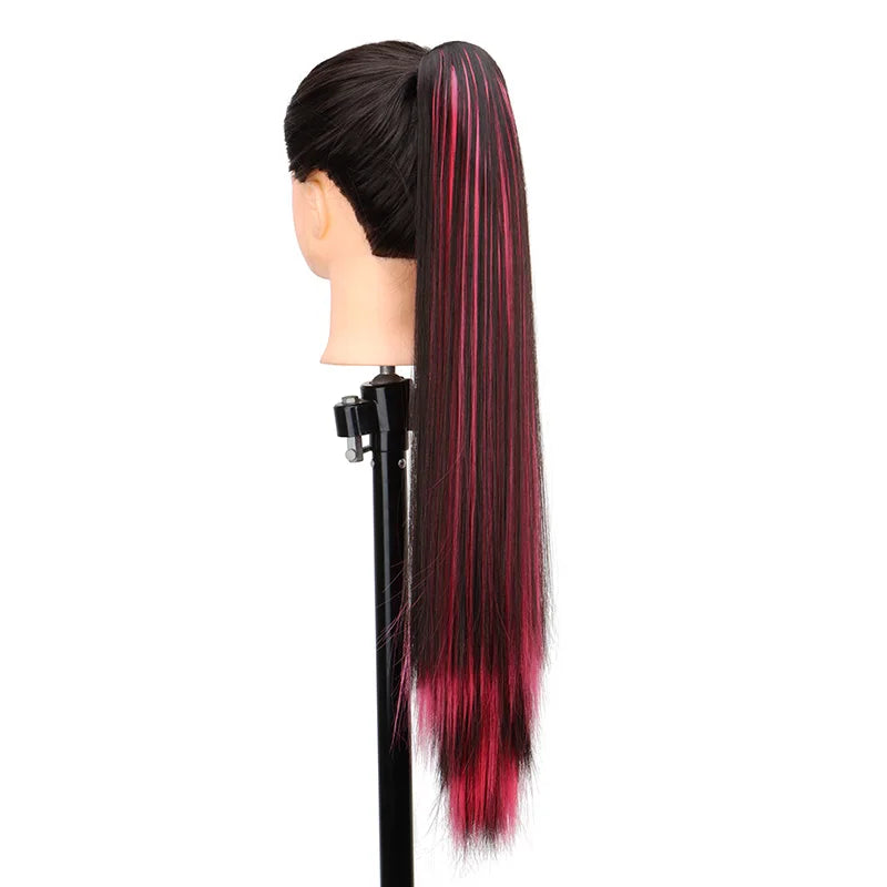 Synthetic 24Inch Claw Ponytail Hair Extension High Heat Resistant Mix Highlights Color Long Straight Clip-in Hairpiece for Women