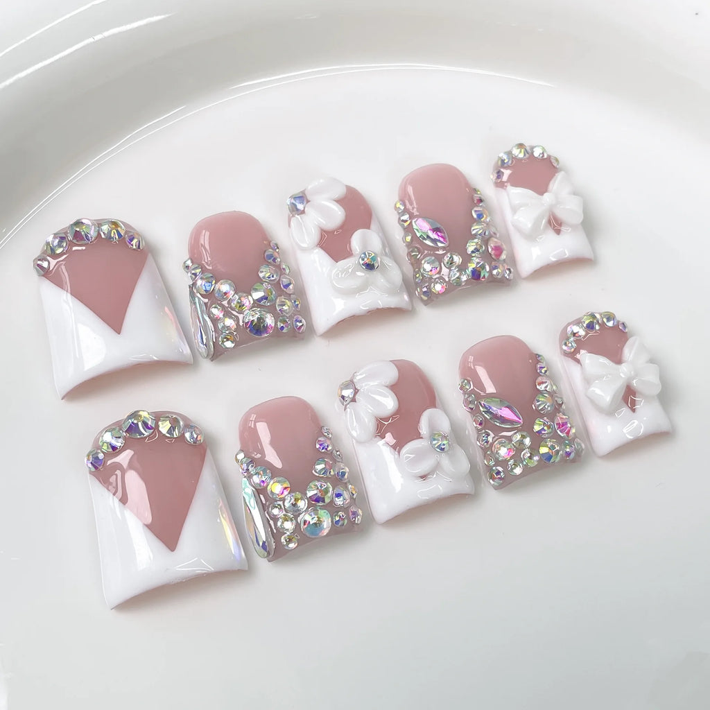 RUVIAA BEAUTY 10pcs Pink Duckbill Press-On Nails – Handmade White French with Rhinestones