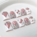 RUVIAA BEAUTY 10pcs Pink Duckbill Press-On Nails – Handmade White French with Rhinestones