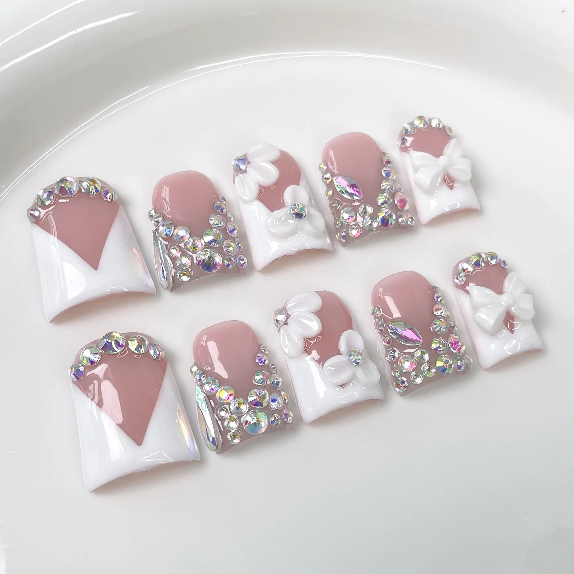 RUVIAA BEAUTY 10pcs Pink Duckbill Press-On Nails – Handmade White French with Rhinestones