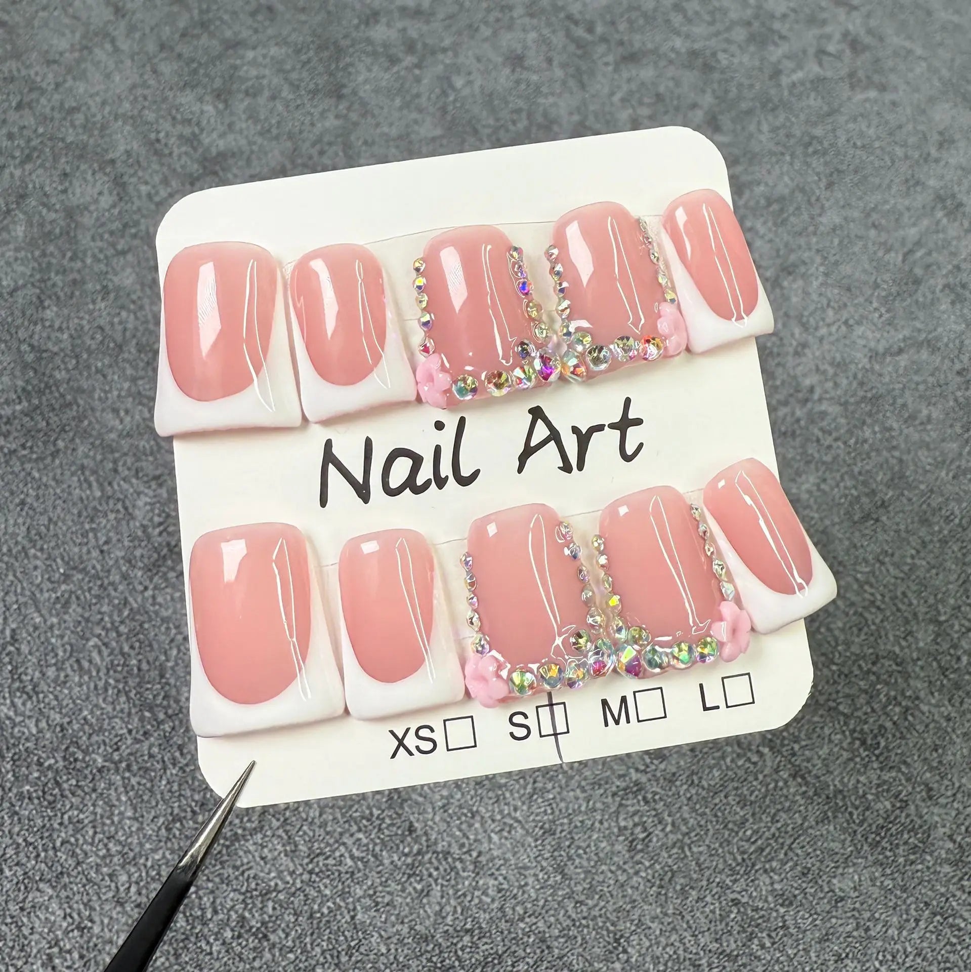 RUVIAA BEAUTY 10pcs Pink Duckbill Press-On Nails – Handmade White French with Rhinestones