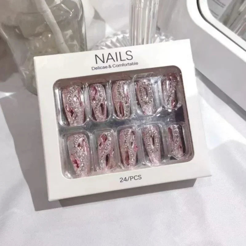 RUVIAA BEAUTY Blue Press On Nails Snowflake Rhinestone Long 24pcs