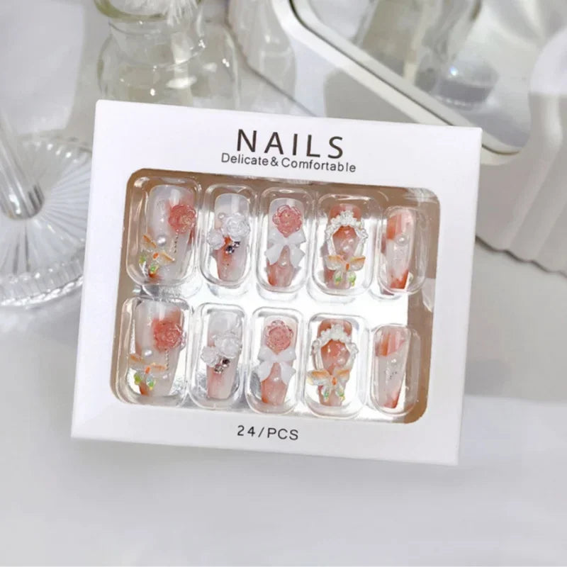 RUVIAA BEAUTY Blue Press On Nails Snowflake Rhinestone Long 24pcs