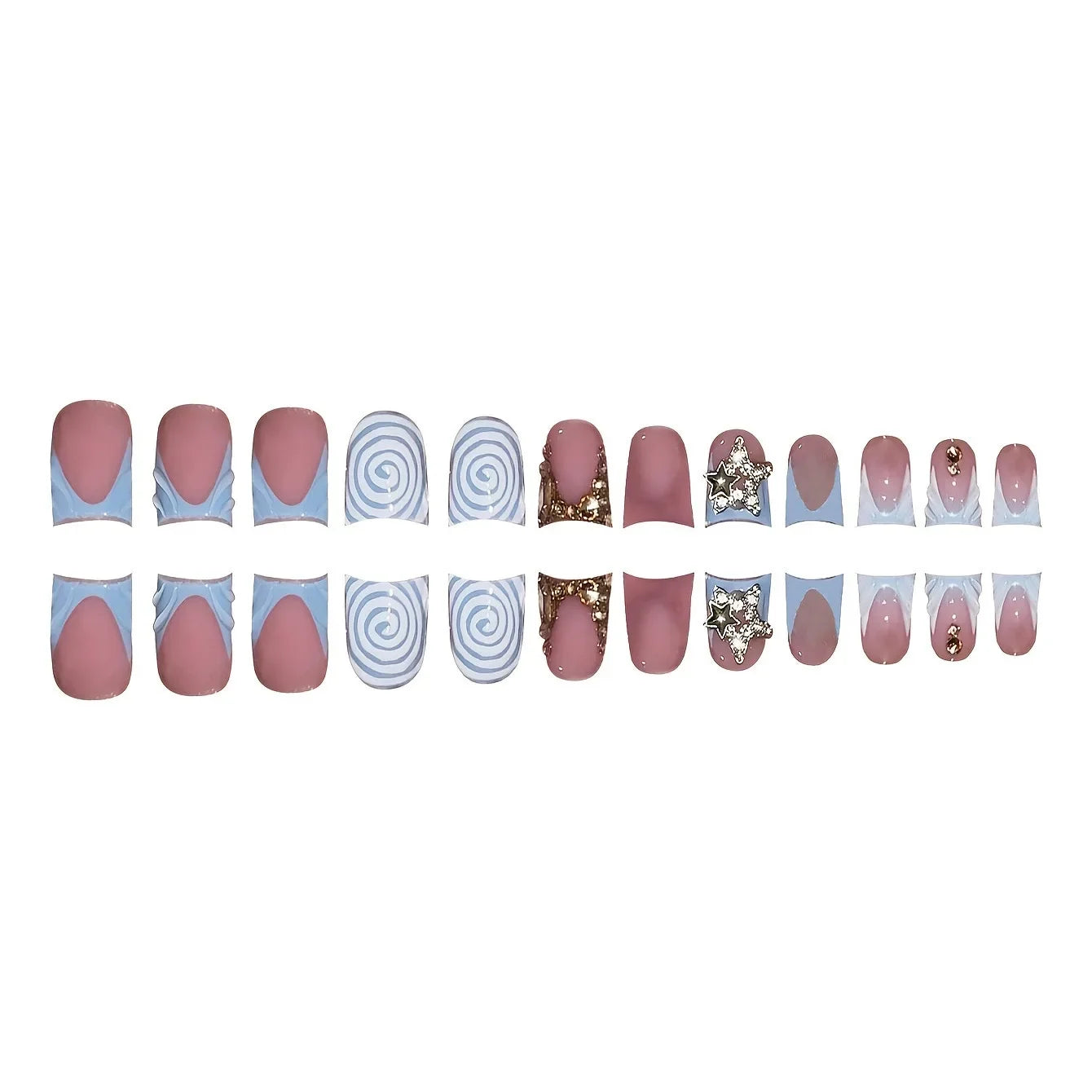RUVIAA BEAUTY 24pcs Blue French Duckbill False Nails – Gradient Y2K Press-On with Rhinestones