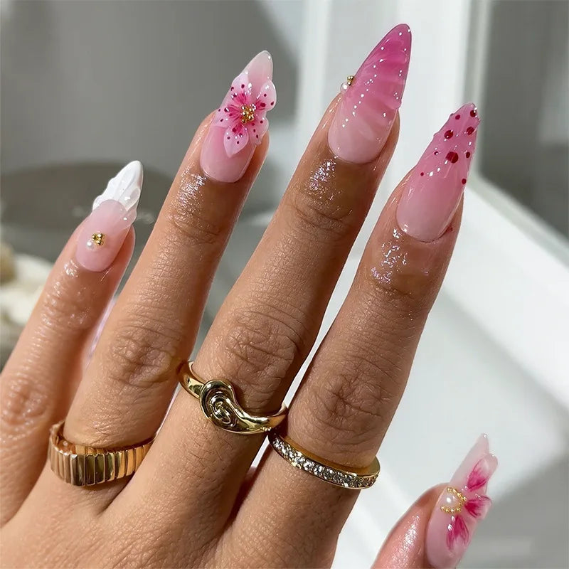 24PCS Pink Almond Press on Nails Full Cover Carved Flower 3D Ripples French Fake Nails for Women with Golden Pearl Wearable Nail