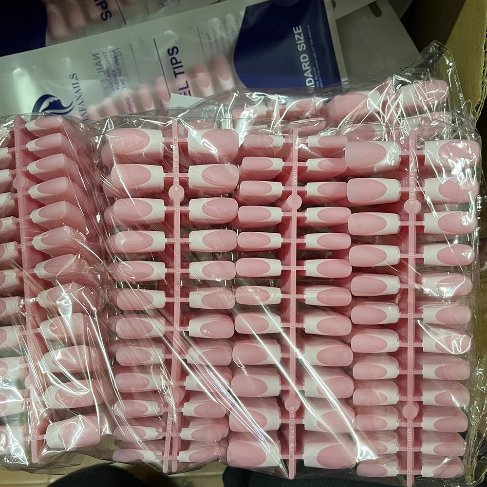 RUVIAA BEAUTY 120PCS Medium Long Square Acrylic French Press-On Nails – Full Cover Fake Nails for Women, Mixed Sizes