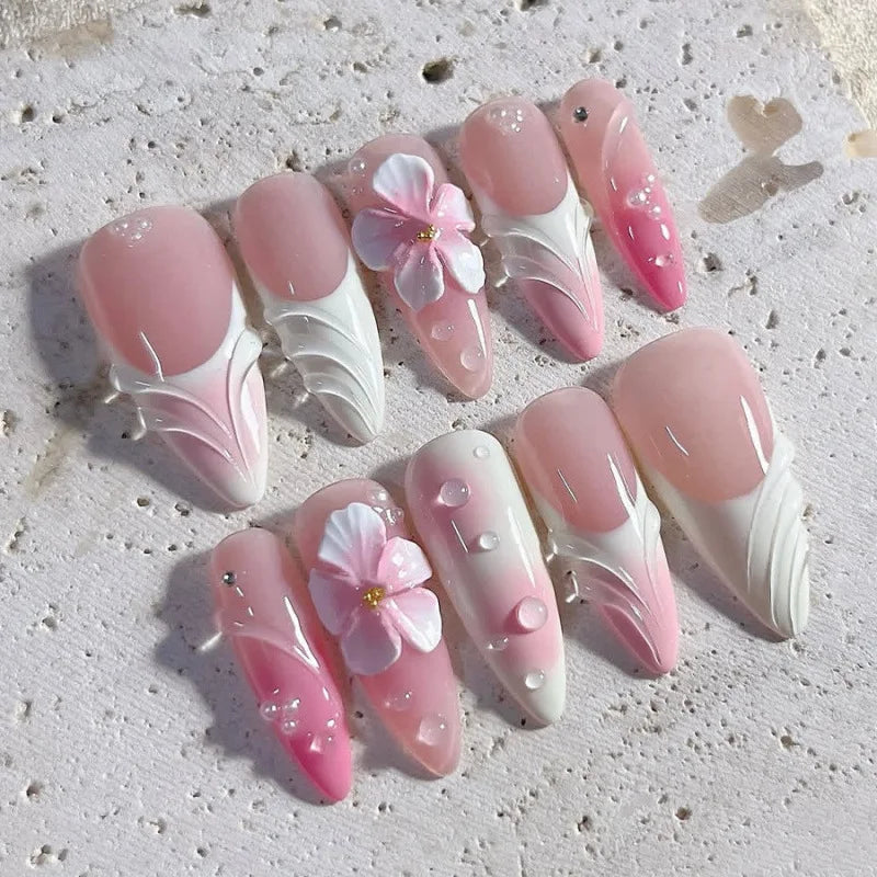 24PCS Pink Almond Press on Nails Full Cover Carved Flower 3D Ripples French Fake Nails for Women with Golden Pearl Wearable Nail