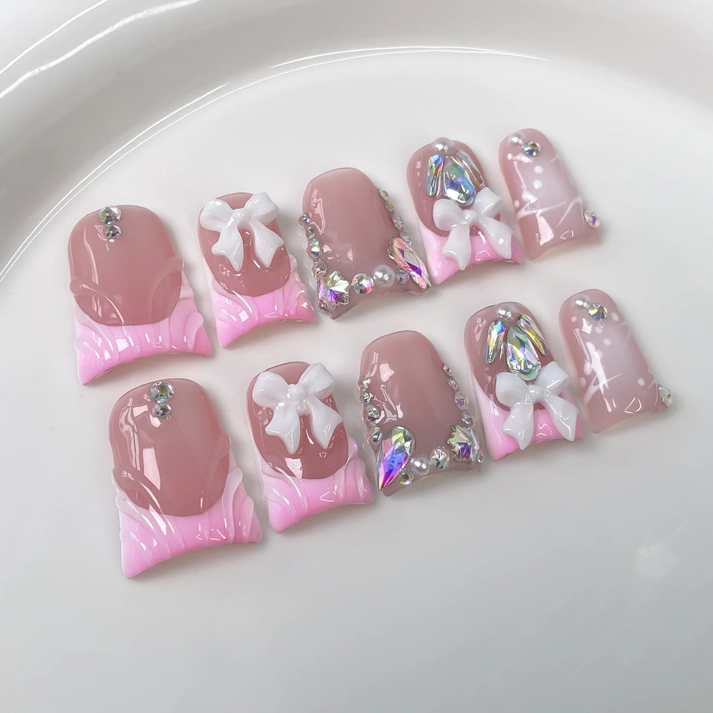 RUVIAA BEAUTY 10pcs Pink Duckbill Press-On Nails – Handmade White French with Rhinestones